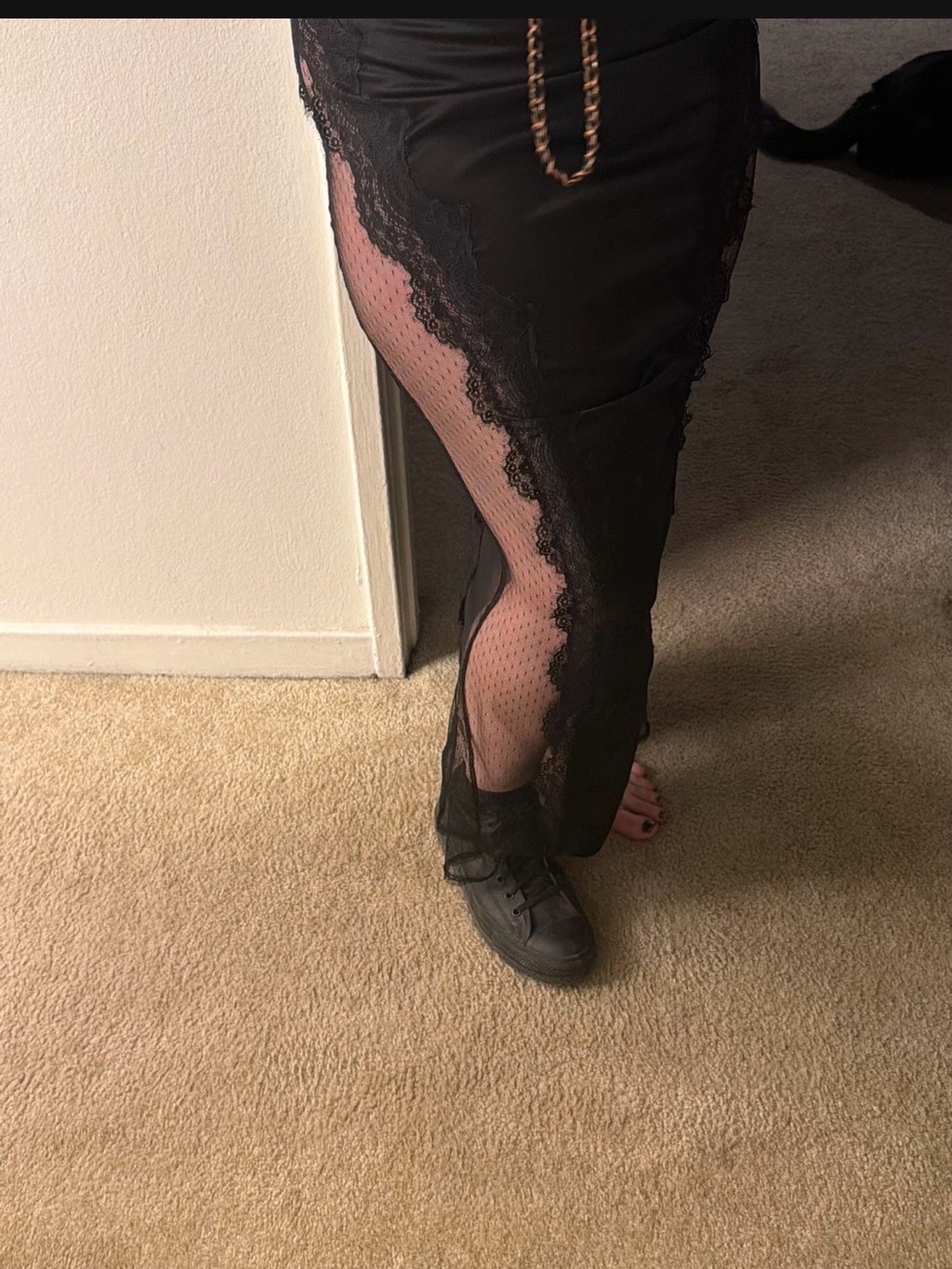 EUC Black Lace-Trim Sheer Panel Maxi Skirt Large